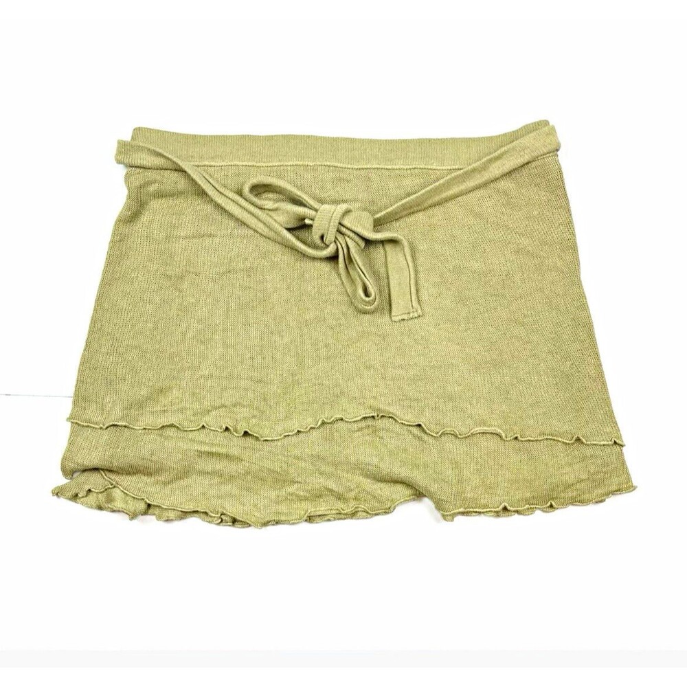 FP Beach MED Wrap Skirt Mini Green Knit Tie Waist Ruffle Hem Boho Resort Hippie